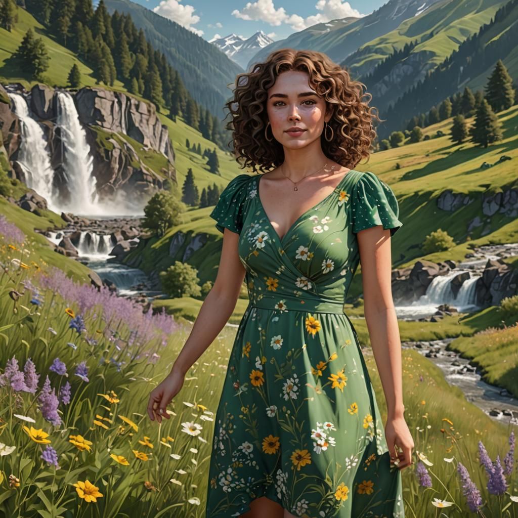 Hourglass Woman in Mountain Meadow, 8K Hyperrealism