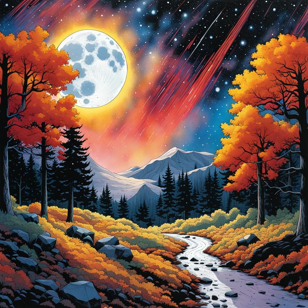 Frank Miller Style Forest with Shooting Stars