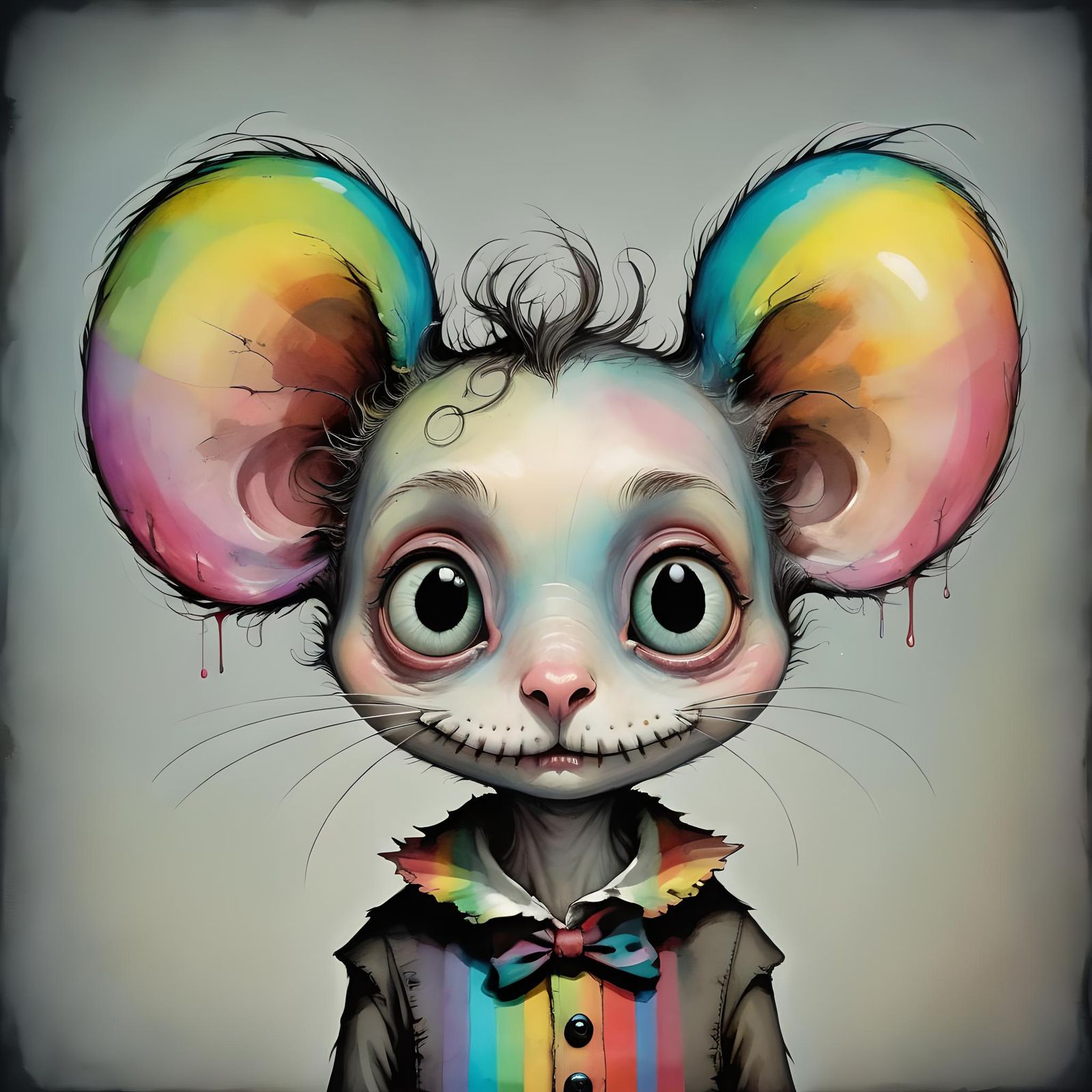 Creepy-Cute Mouse Portrait in Mixed Media Style