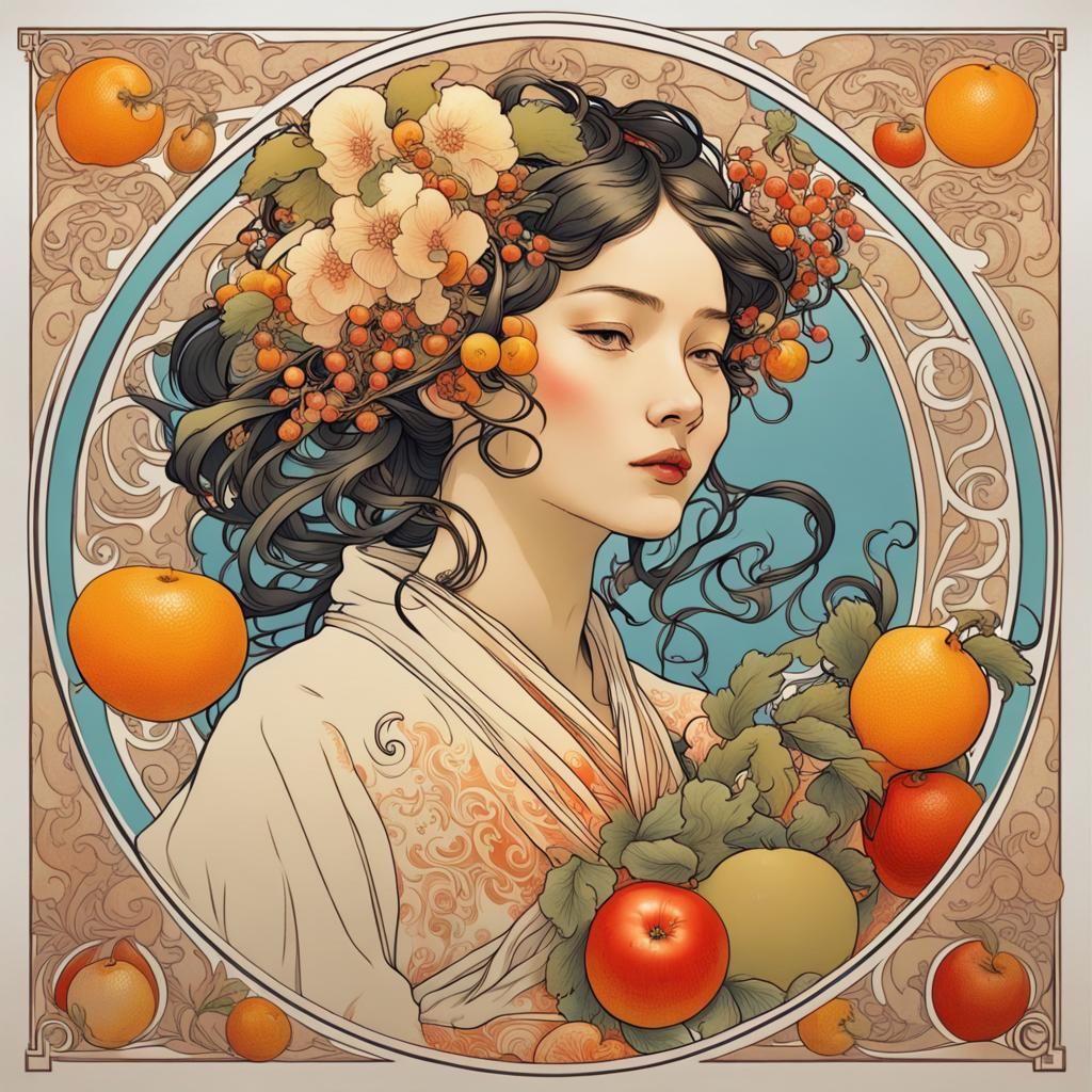 Chinese Lady with Fruit in Art Nouveau Style