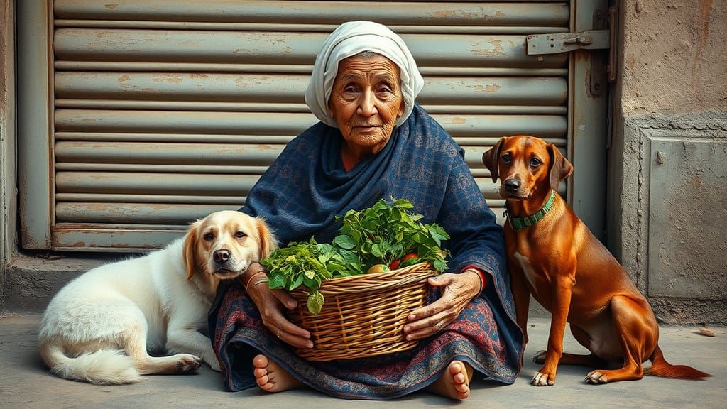 Elderly Woman Surrounded by Loyal Companions in Traditional ...