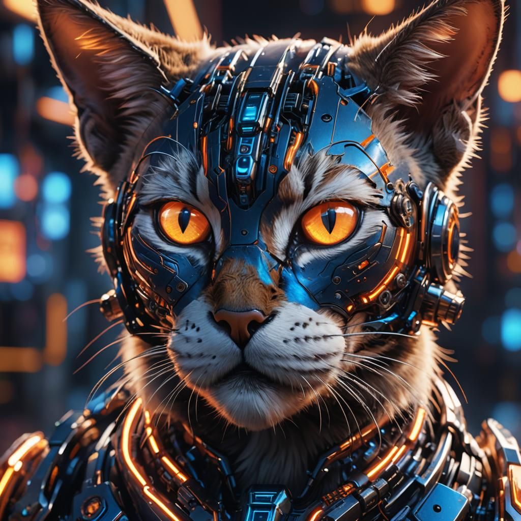 Cyborg Feline with Radiant Red and White Eyes and Robotic An...