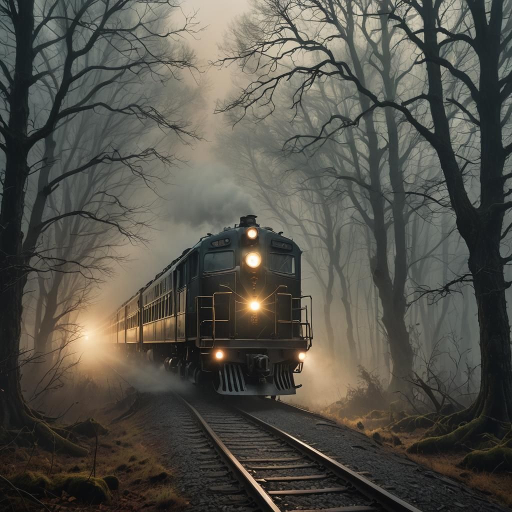 Ghost Train in Foggy Forest: Horror Illustration