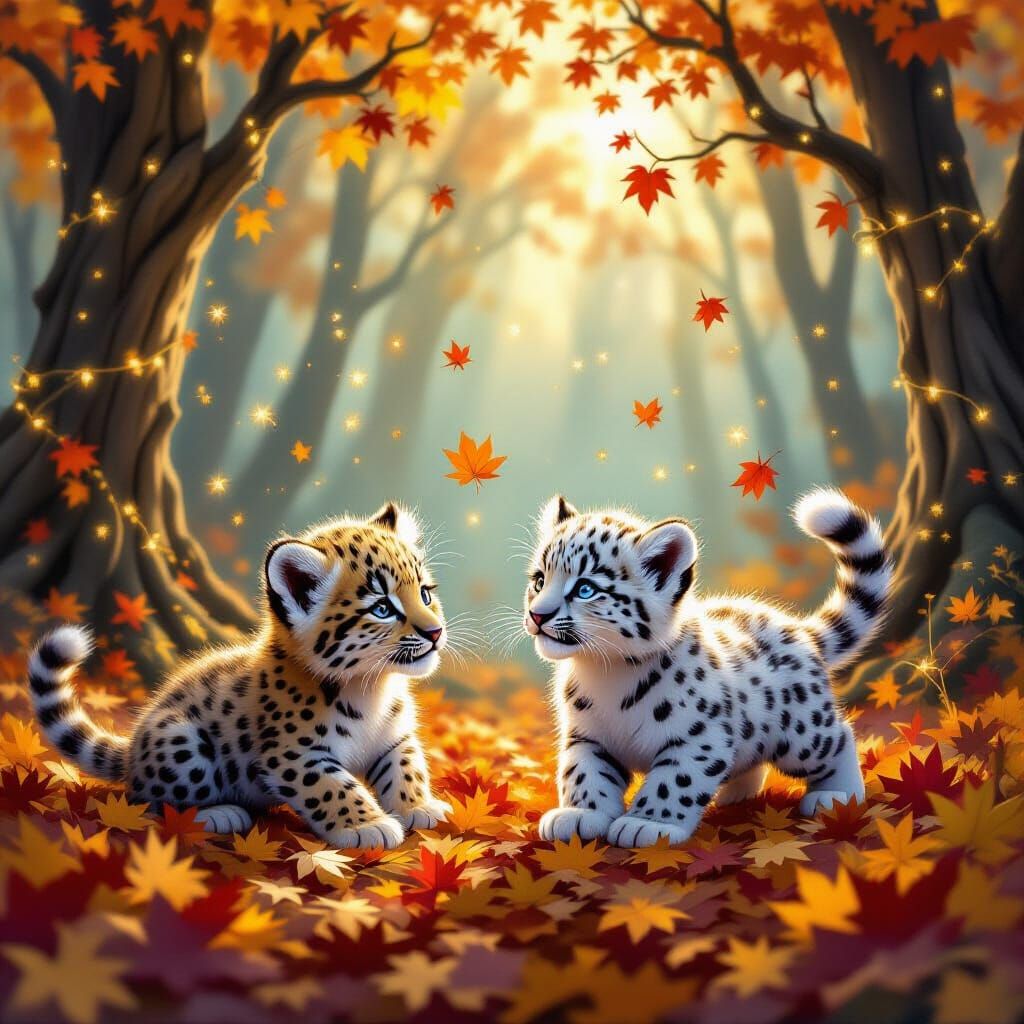 Mystical Autumn Forest with Playful Leopard Cubs