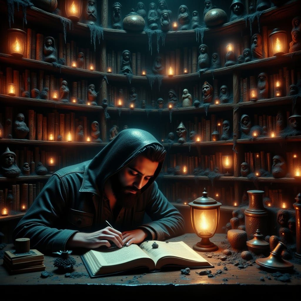 Horror Writer's Macabre Study with Spilling Demons