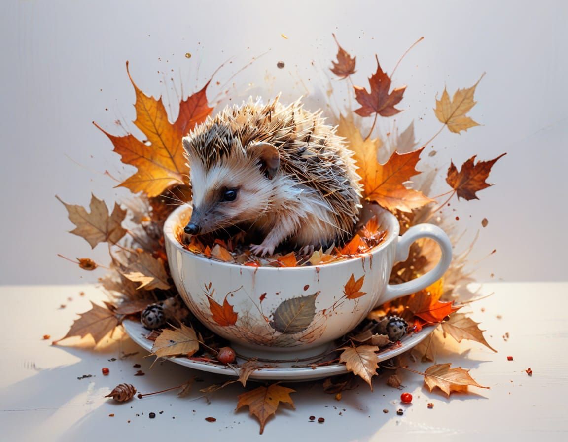 Hedgehog in Teacup with Autumn Leaves, Watercolour Style