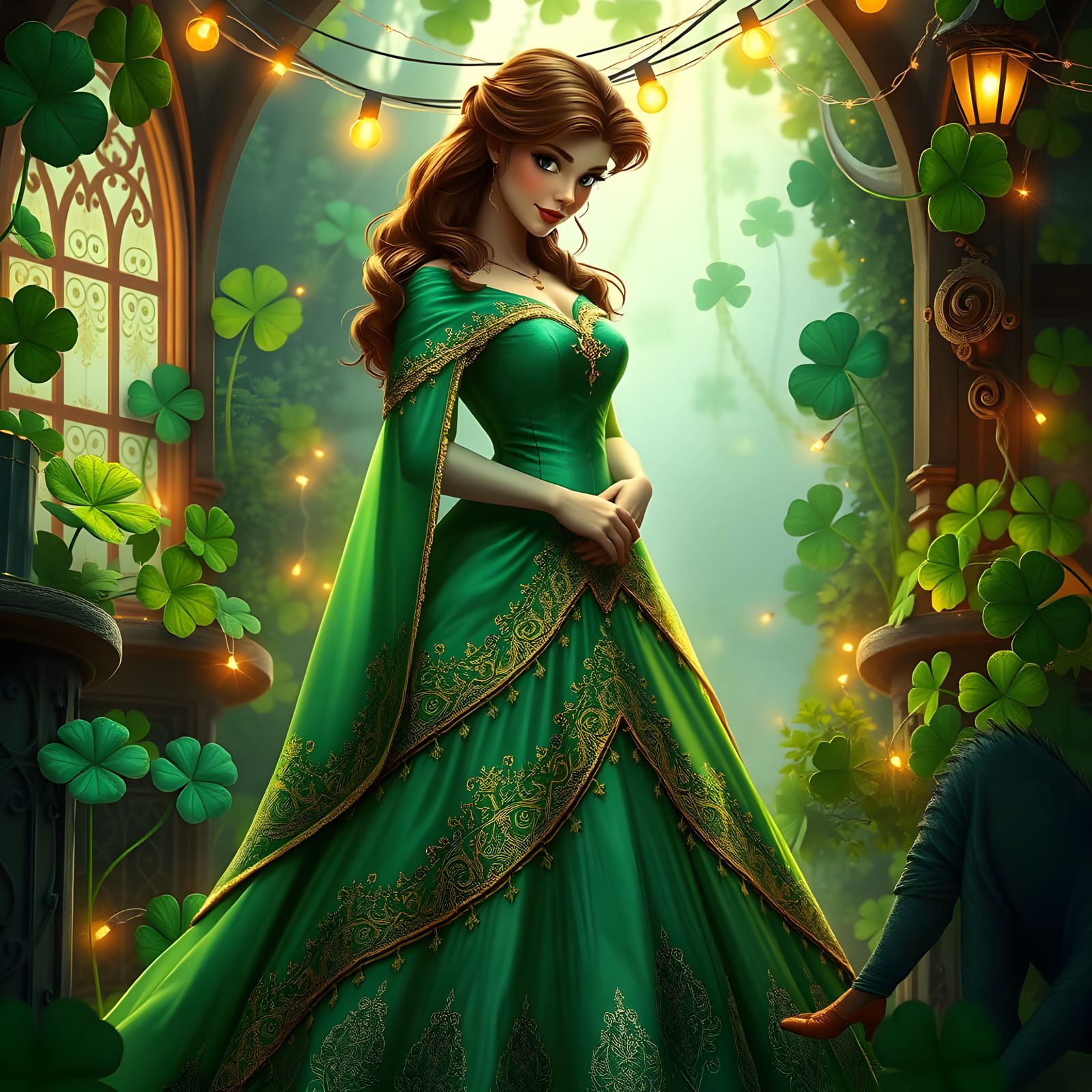 Elegant Belle Surrounded by Whimsical St. Patrick's Day Magi...