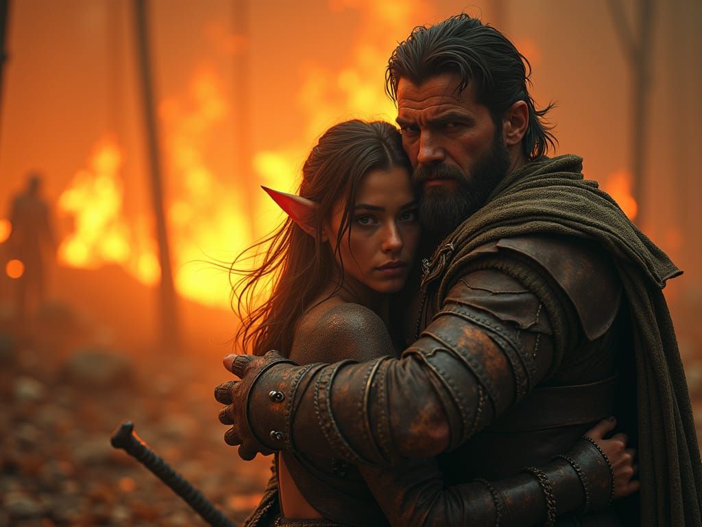 Fantasy Ranger Rescues Elf From Burning Forest