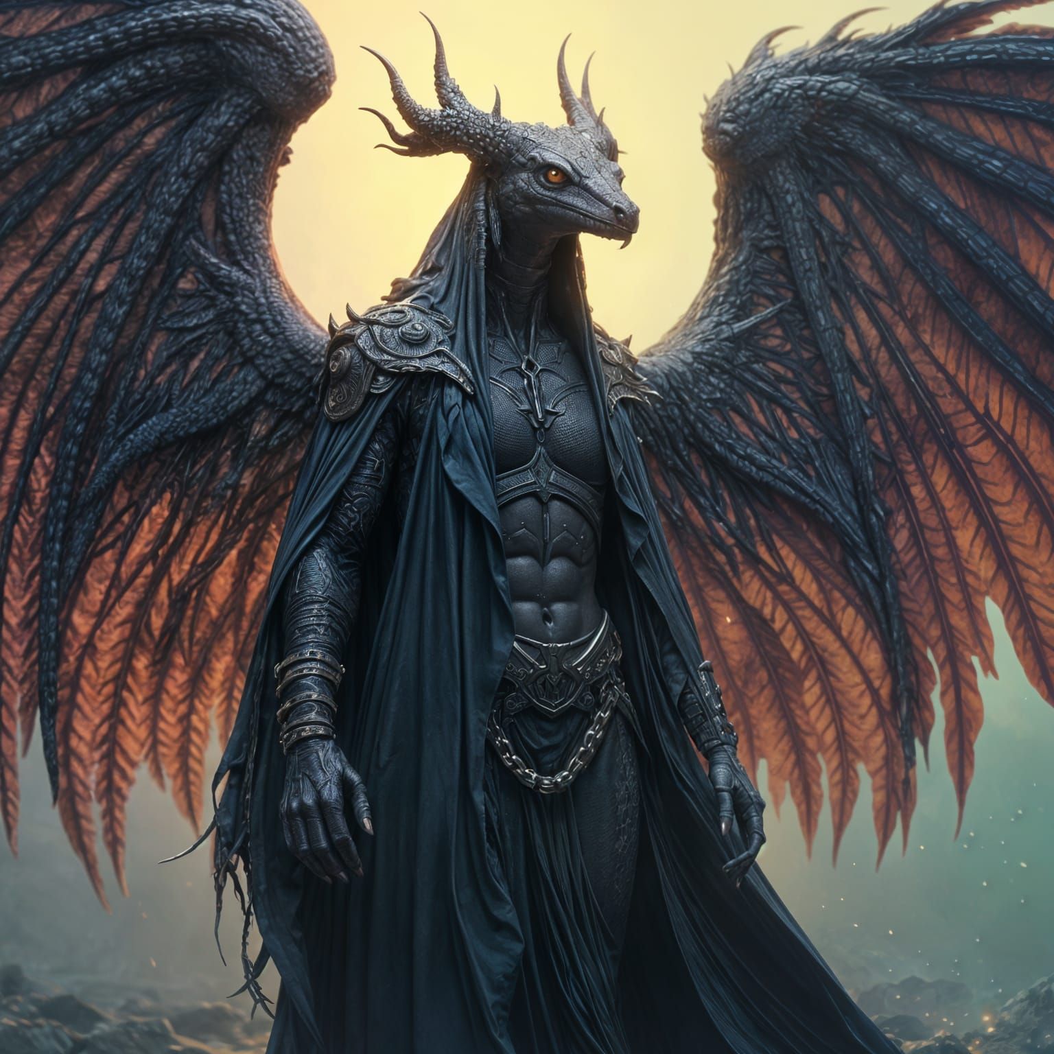 Winged Snake-faced Humanoid in Dark Fantasy Style