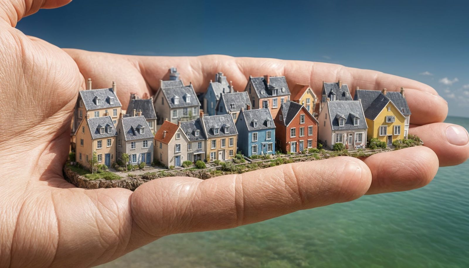 Miniature Gouville-sur-Mer Houses on Finger, HD Photo