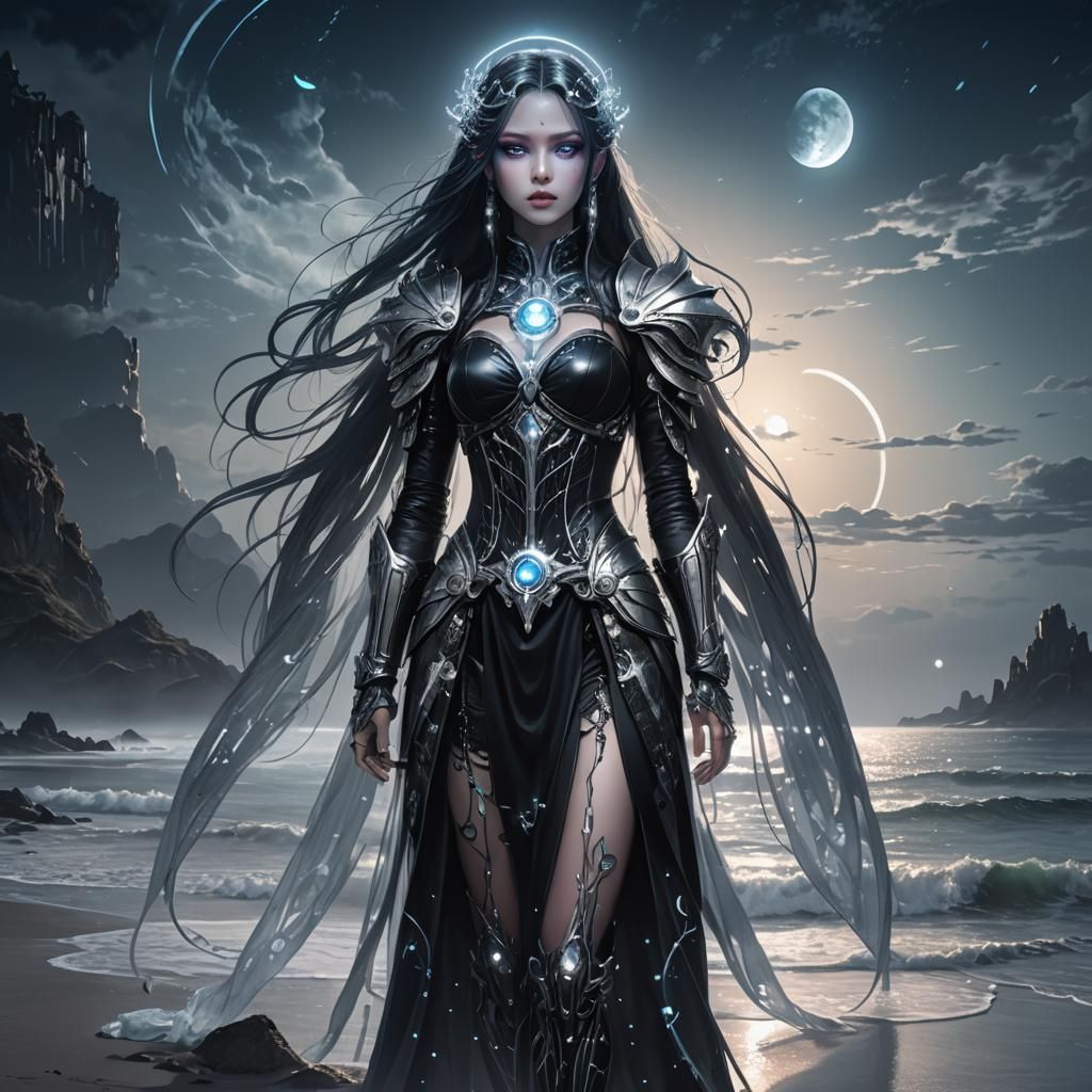Gothic Cybernetic Maiden in Moonlight: Fantasy Art