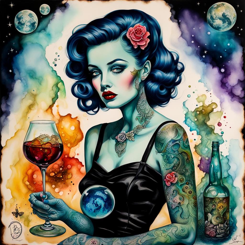 Tattooed Pin-Up in 1950s Alcohol Ink Style
