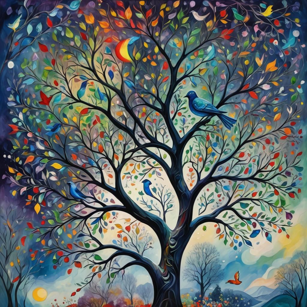 Chagall-Inspired Winter Tree with Rainbow Bird