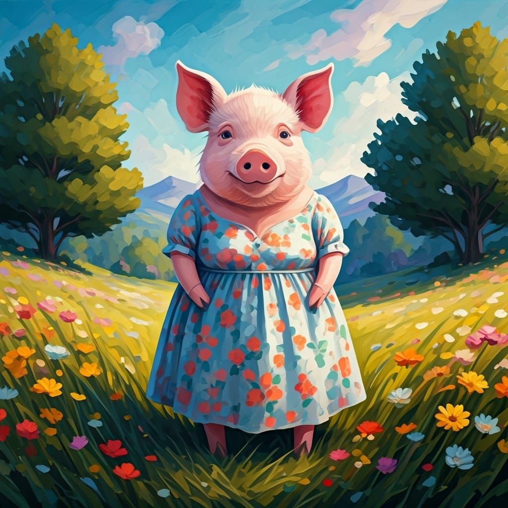 Mother Pig in Impressionist Gouache Style