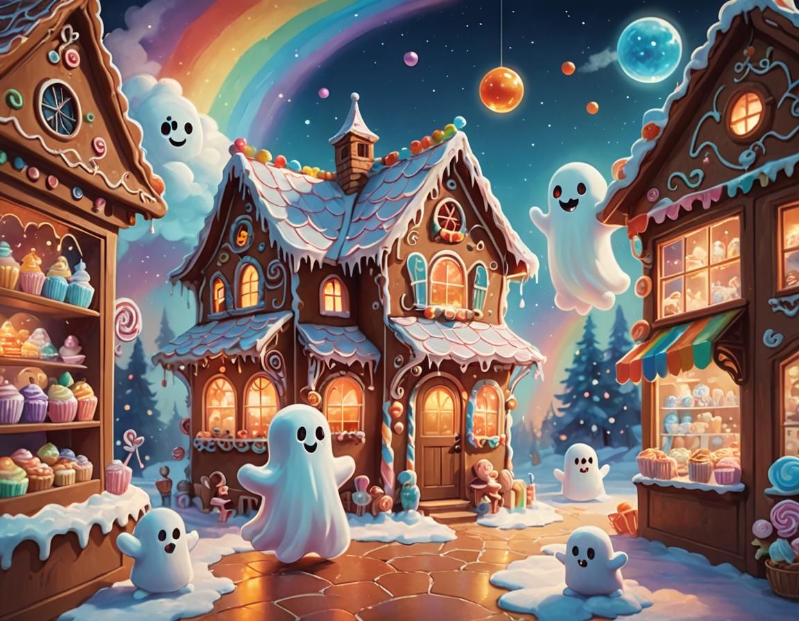 Cute Ghost in Candy Shop Fantasy Illustration