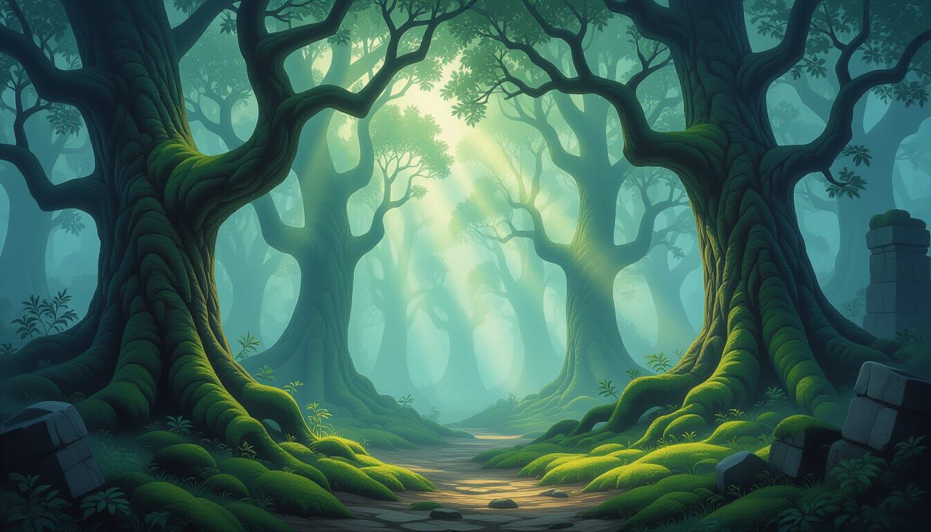 Misty Forest Path with Ethereal Light and Ruins