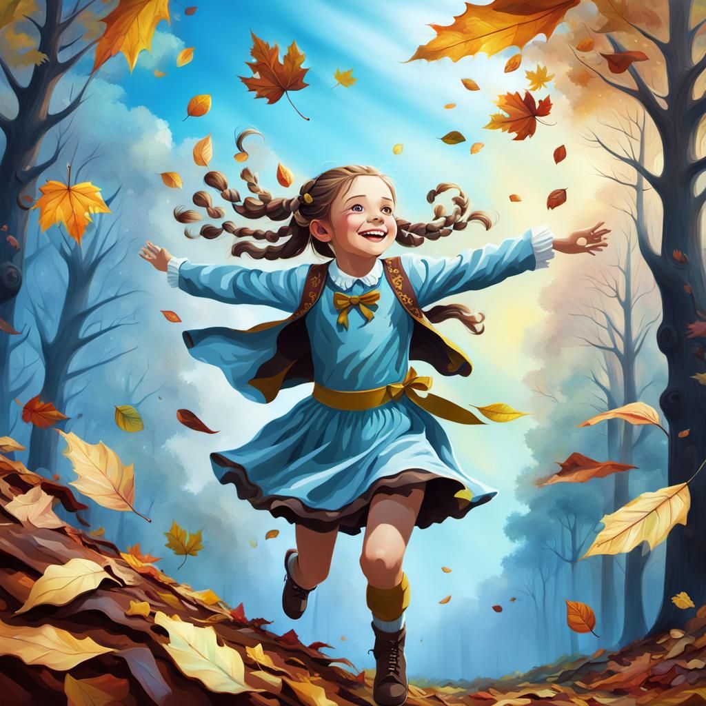 Girl with Pigtails Swirling Autumn Leaves, Oil Painting