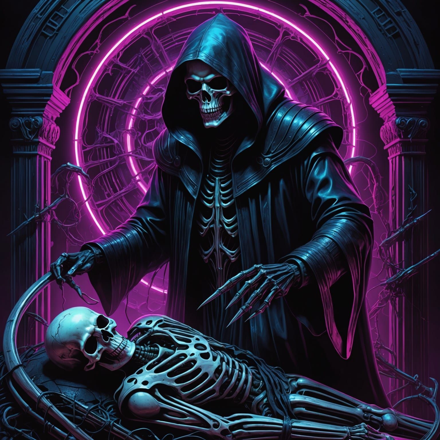 Biomechanical Grim Reaper in Giger-Inspired Synthwave