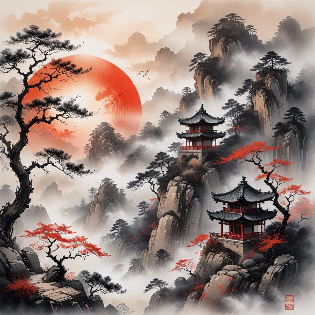 Ancient Pavilion and Mist Woman: Ink Painting Style