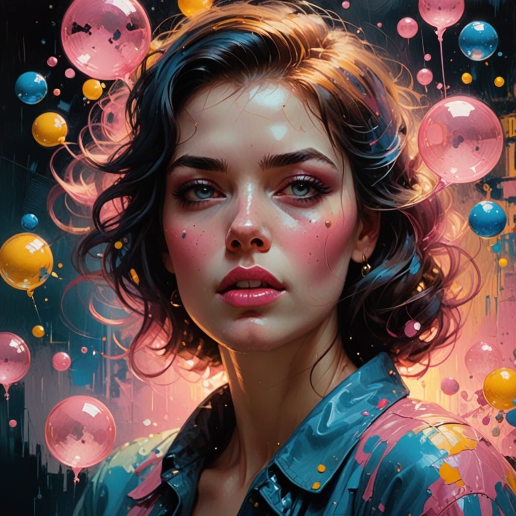 Vibrant 1950s Woman Blows Pink Bubblegum in Starry Nighttime...