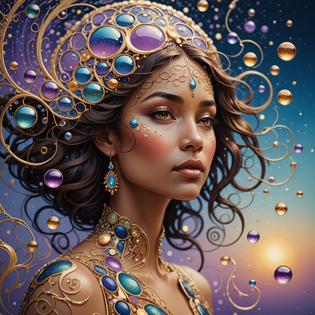 Ethereal Dot Painting Portrait with Celestial Forms and Naut...