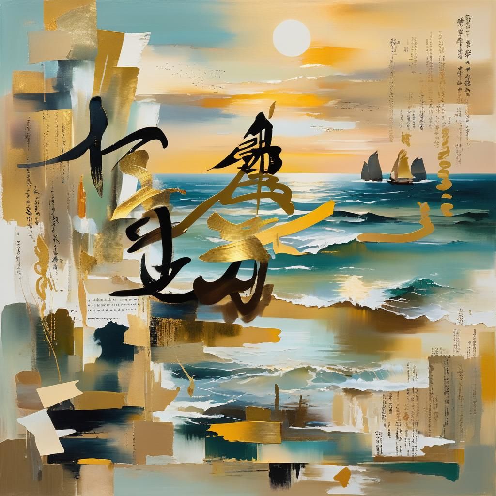 Serene Seascape with Calligraphy in Impressionist Collage St...