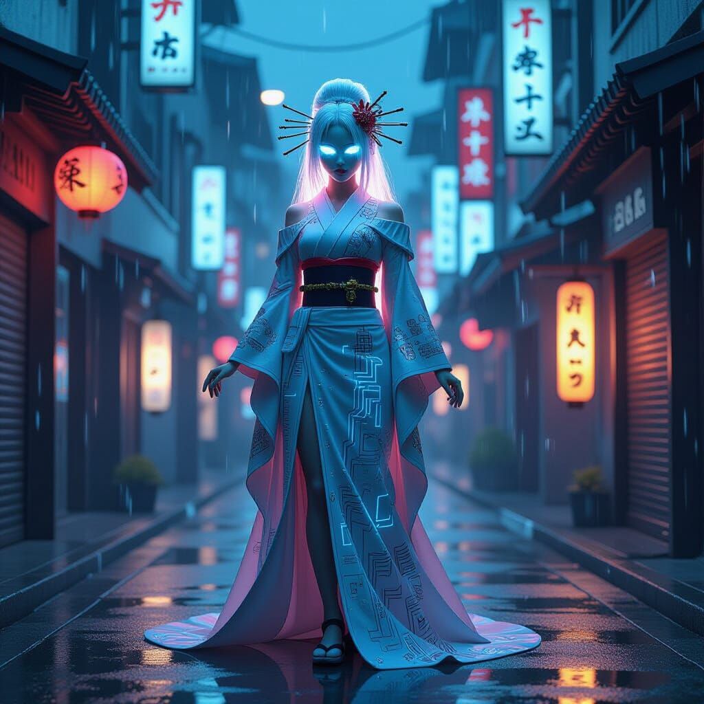 Cyberpunk Sorceress with Starlight Hair in Neo-Tokyo
