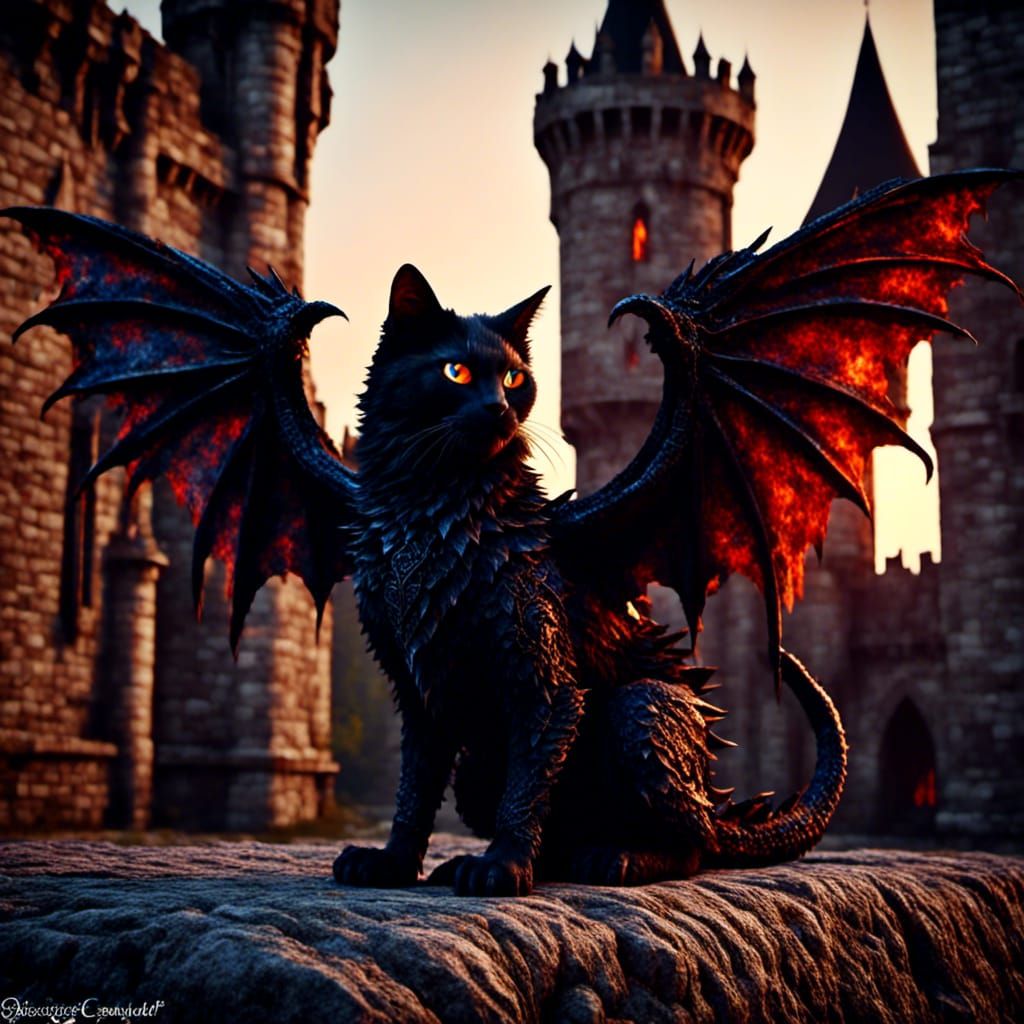 Gothic Dragon Cat Hybrid Roaring Outside Castle
