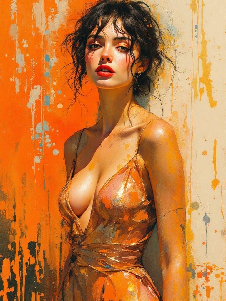 Elegant Woman in Watercolor Style with Energetic Linework