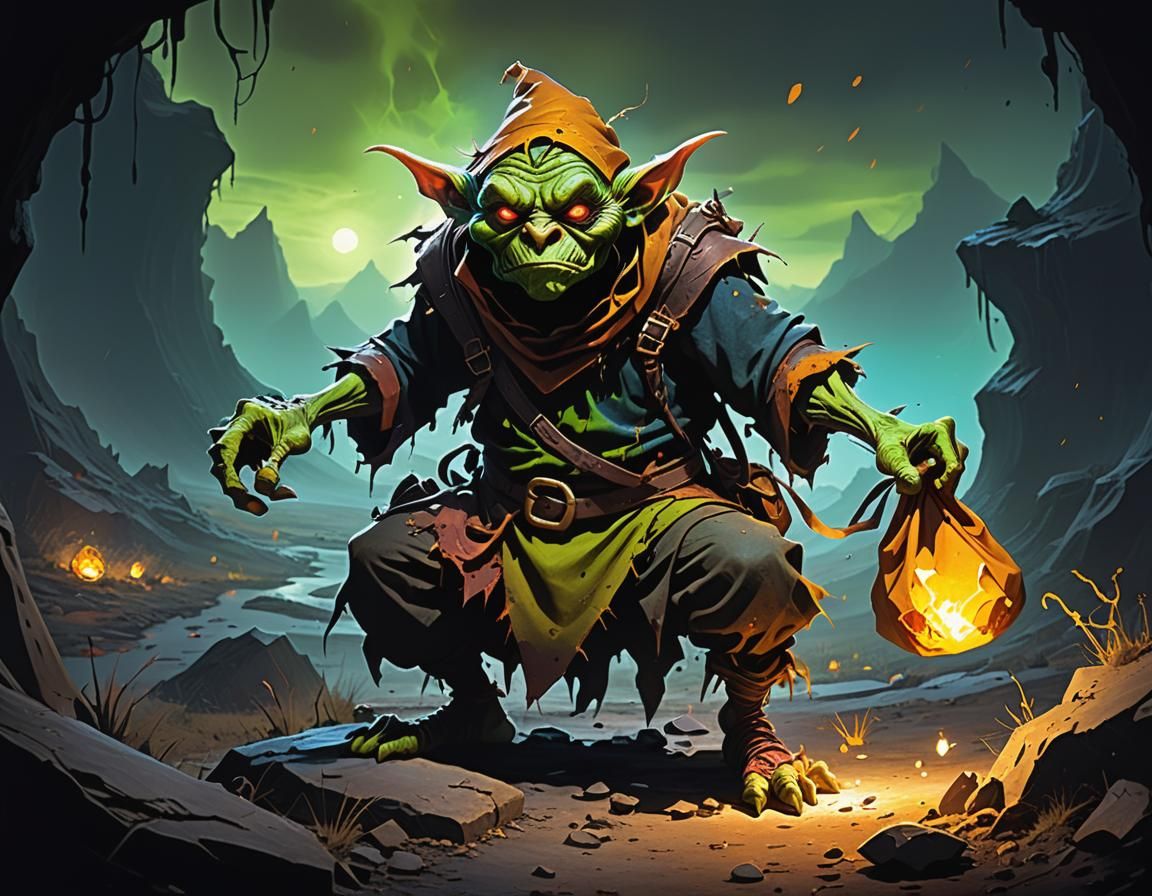 Gothic Surreal Goblin Absorbs Colors in a Dark, Eerie Landsc...