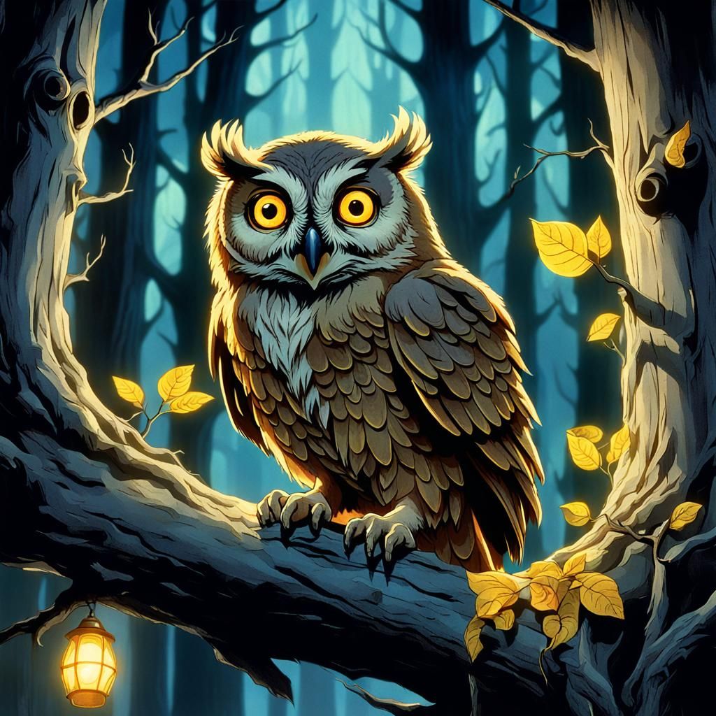 The Great Owl in Hollow Tree with Glowing Eyes