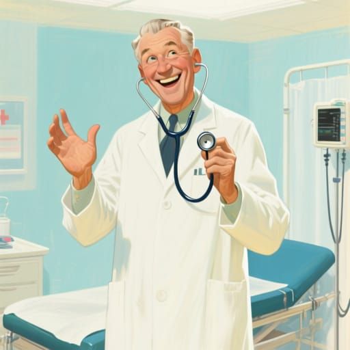 Joyful Doctor in Bright Exam Room Digital Painting