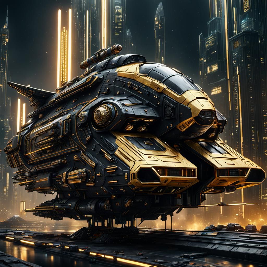 Cyberpunk Black and Gold Spaceship Concept Art