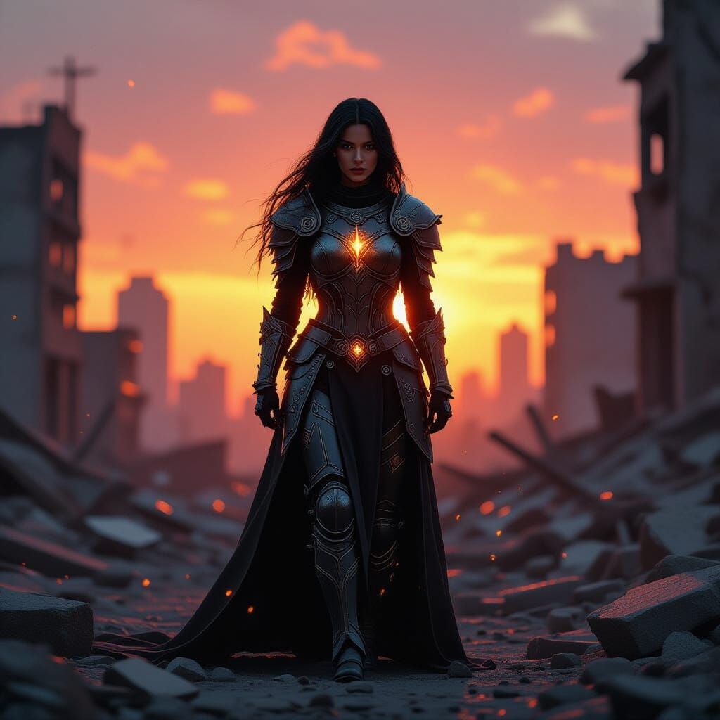 Powerful Woman in Ruined City at Post-Apocalyptic Sunset