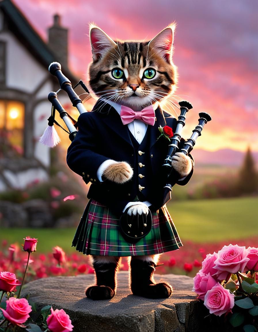 Kitten clad in tartan kilt, pressing bagpipes under forelimb