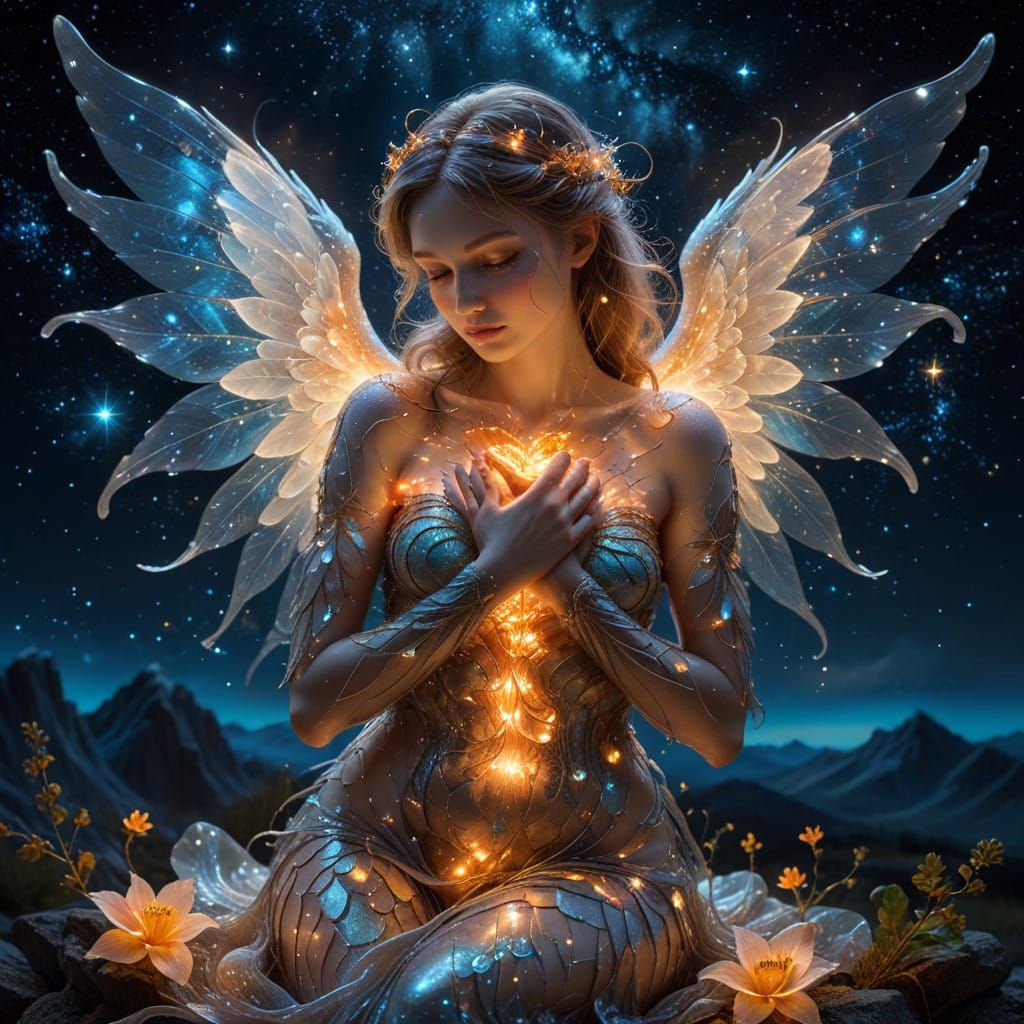 Glowing Angel Woman Sits Amidst Starry Skies