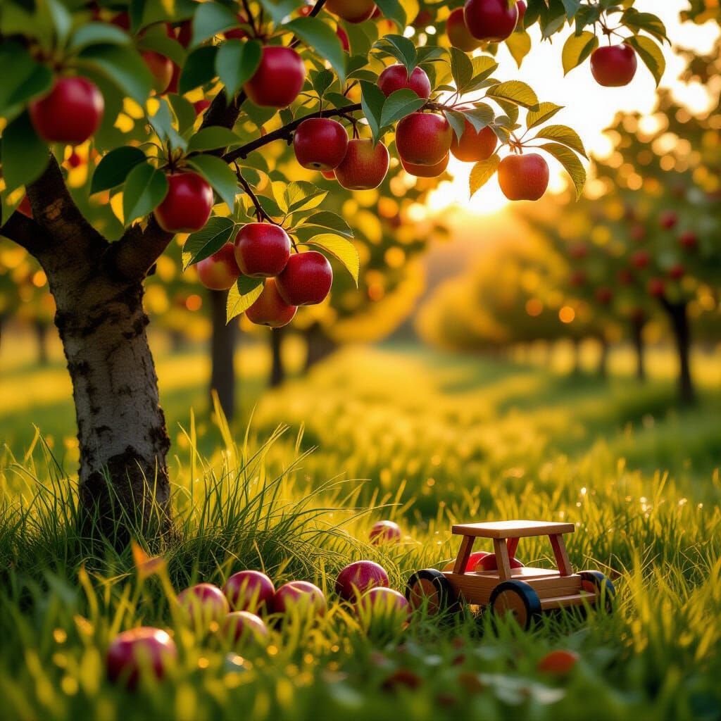 Nostalgic Orchard Scene with Red Apples and Toy