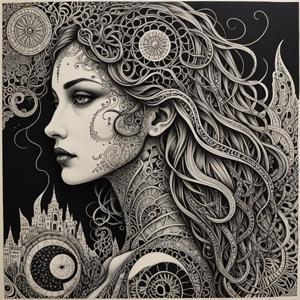 Surreal Zentangle Map in Black Ink