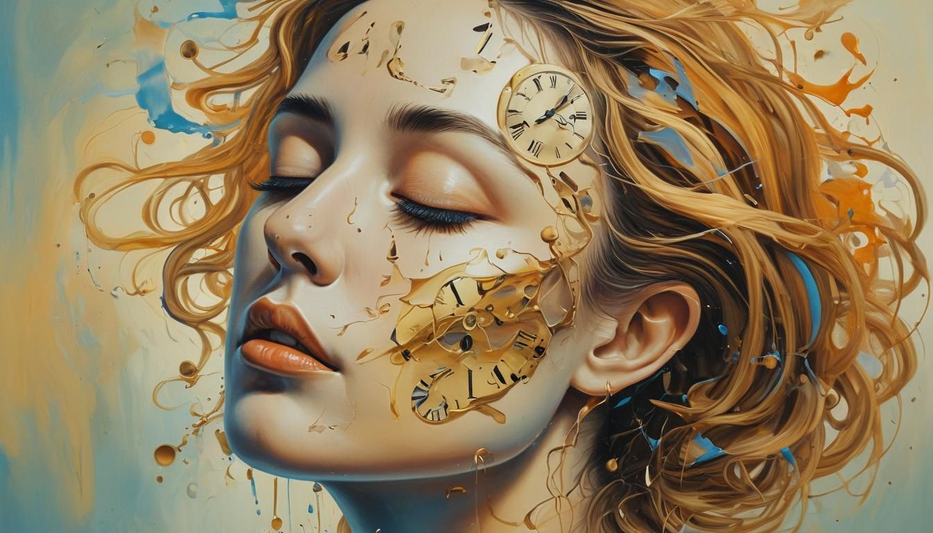Surreal Woman with Melting Clocks as Oil Painting