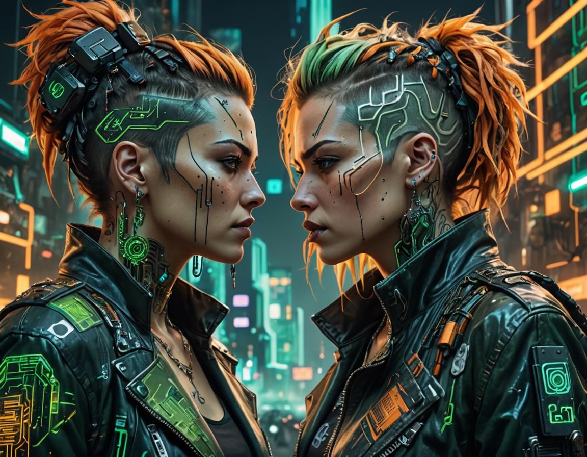 Cyberpunk Faces in Data Stream Landscape