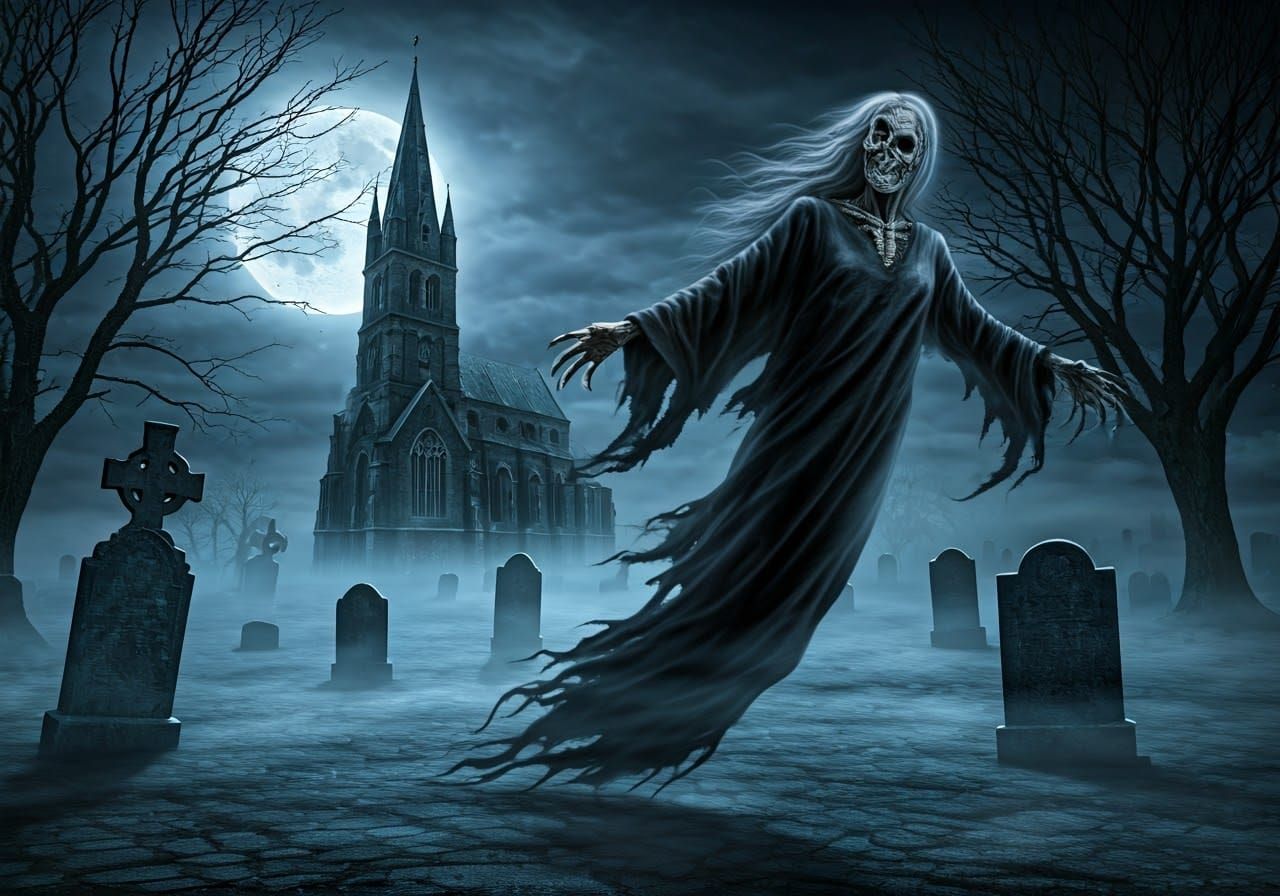 Spectral Figure in Moonlit Graveyard Scene
