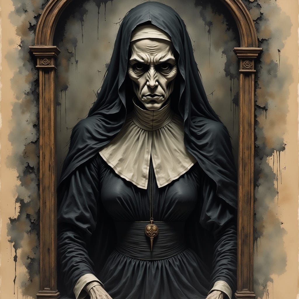 Ethereal Nun Portrayed in Dark Watercolor Style