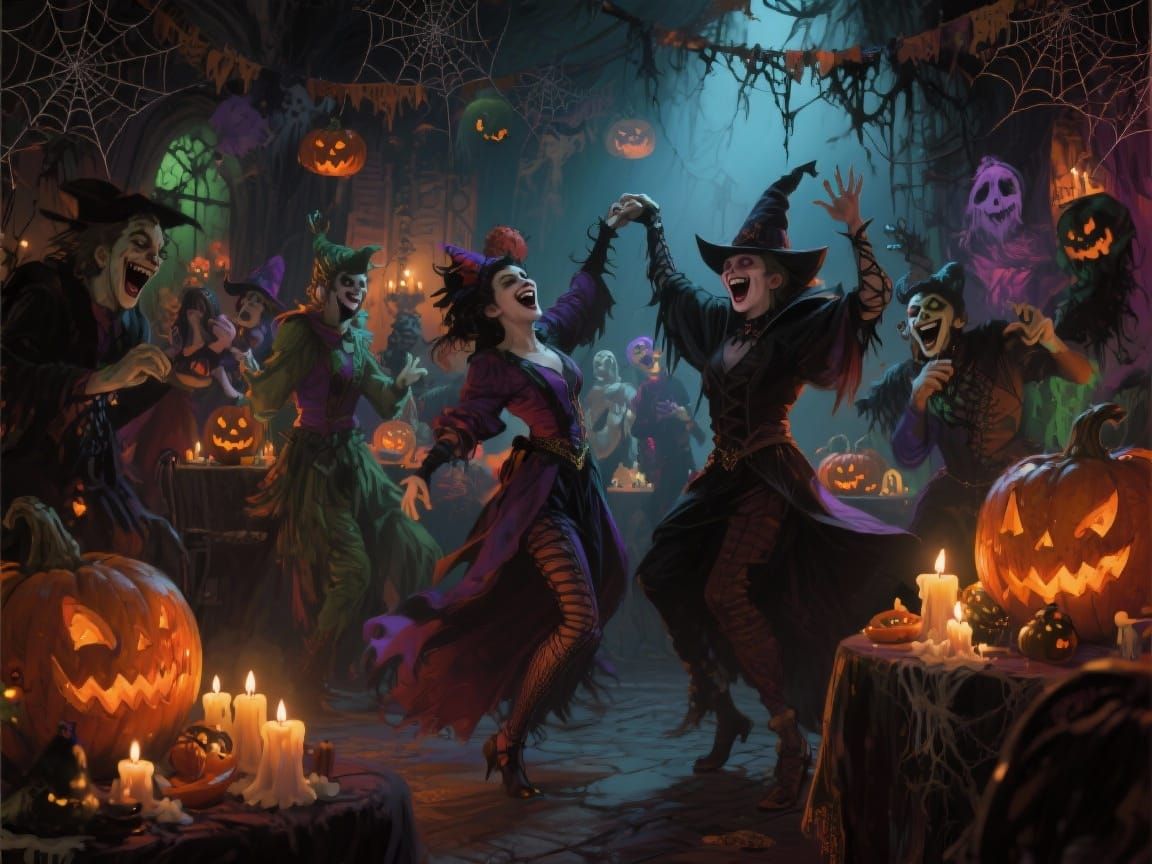 Vibrant Halloween Party Scene with Costumed Guests