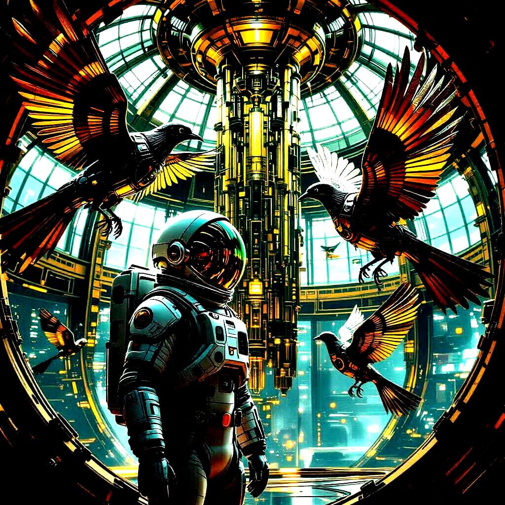 Astronaut Exploring Alien Aviary in Steampunk Aesthetic