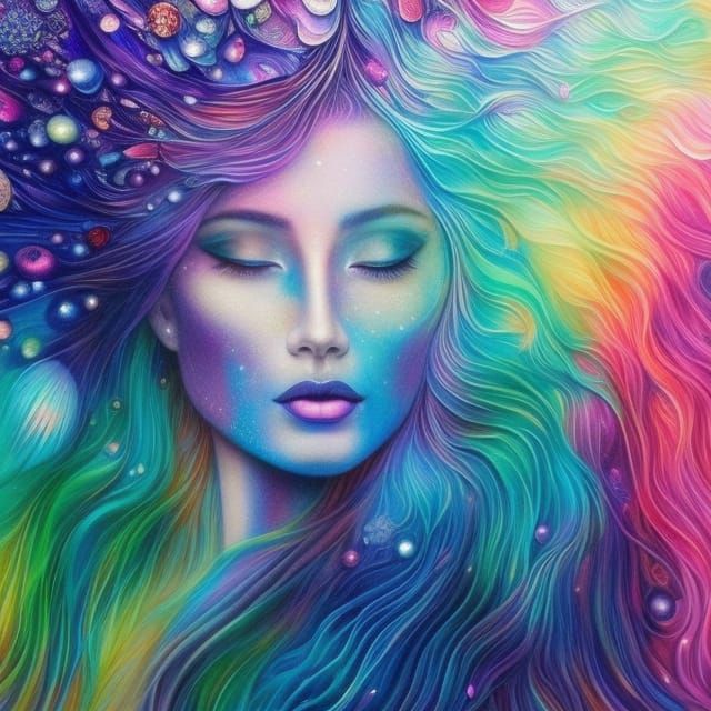 Ocean Woman Crayon Portrait in Art Nouveau Style