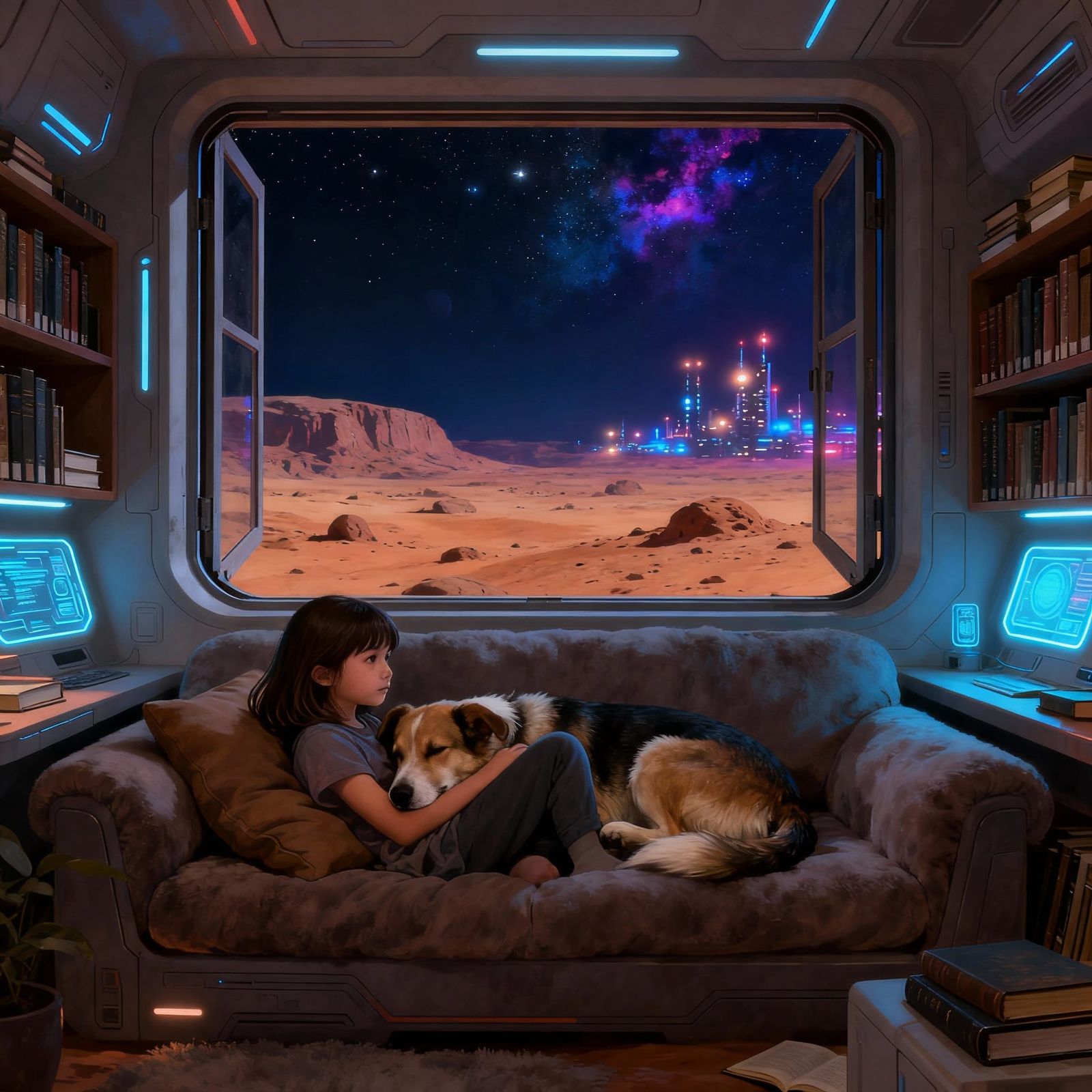 Cozy Martian Library with Girl and Dog