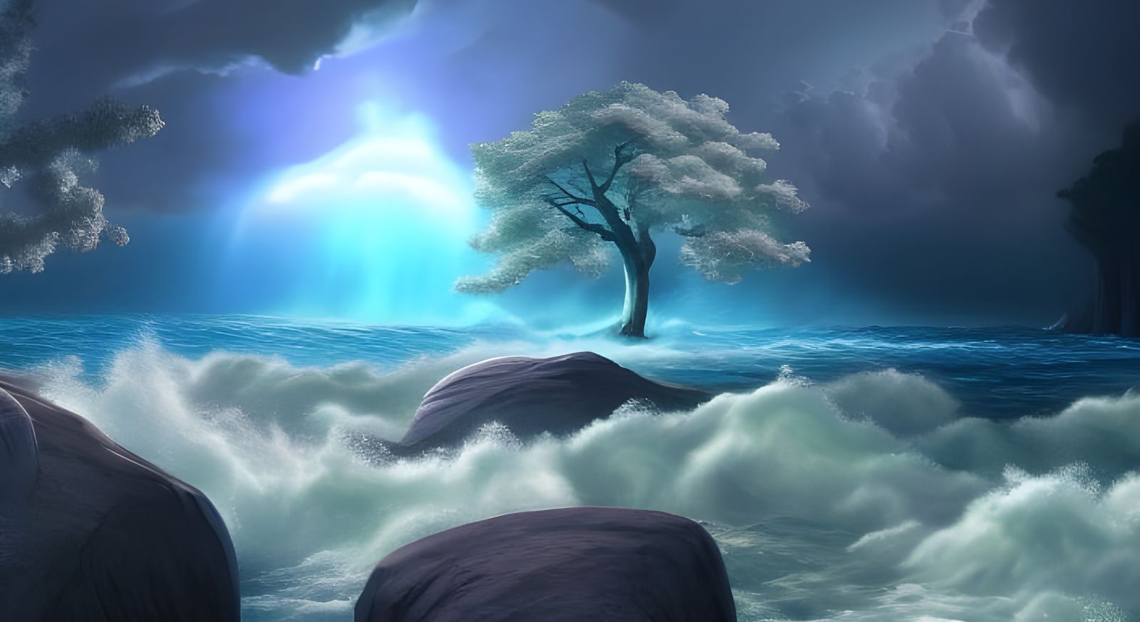 Epic Fantasy Seascape with Glowing Trees