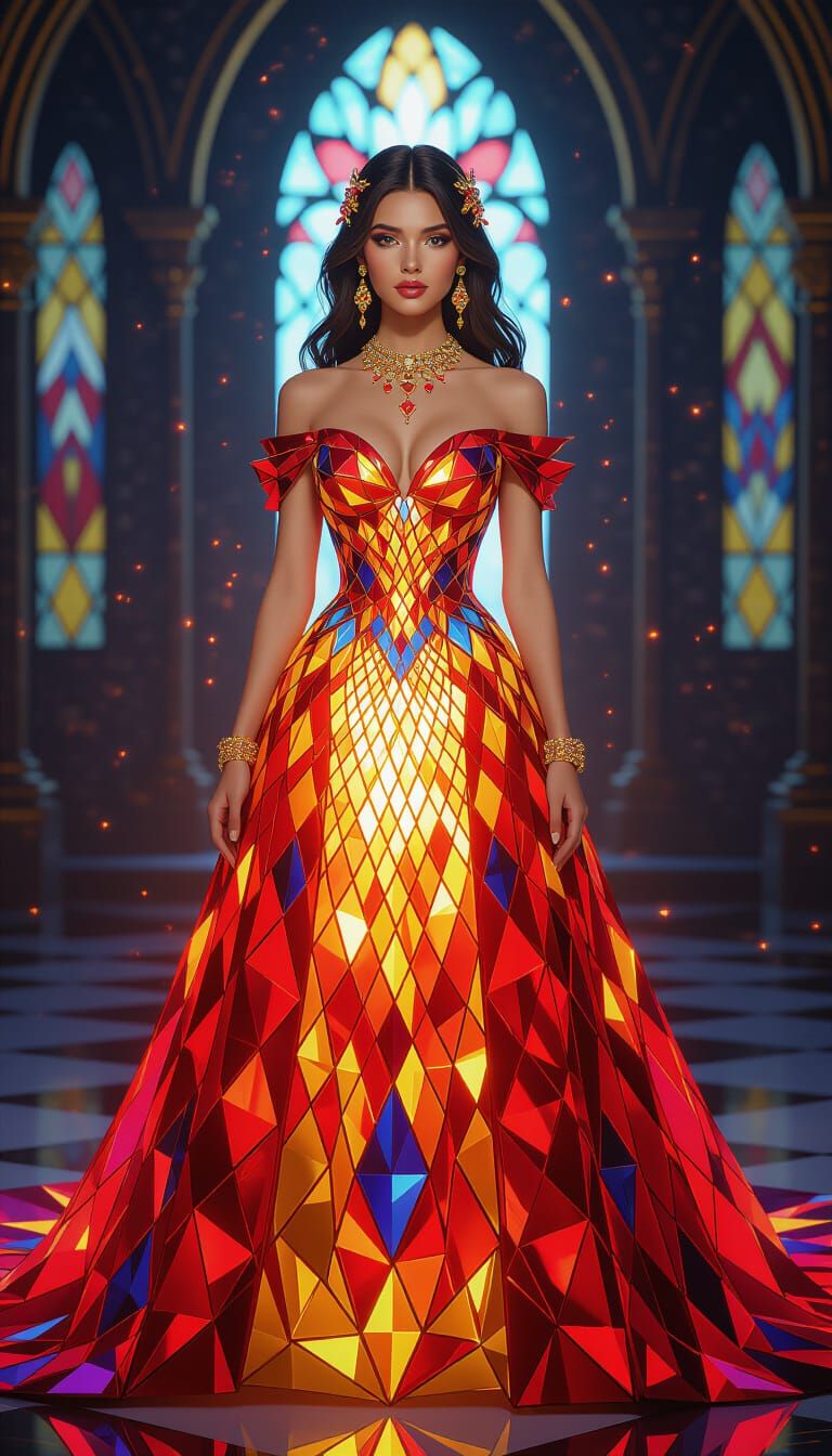 Woman in Radiant Crystal Stained Glass Gown