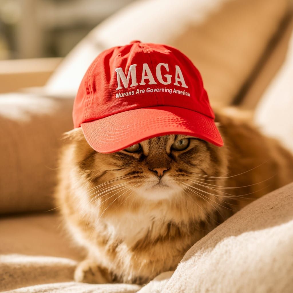 Cat Wears Red Baseball Cap with MAGA Inscription in Cozy Liv...