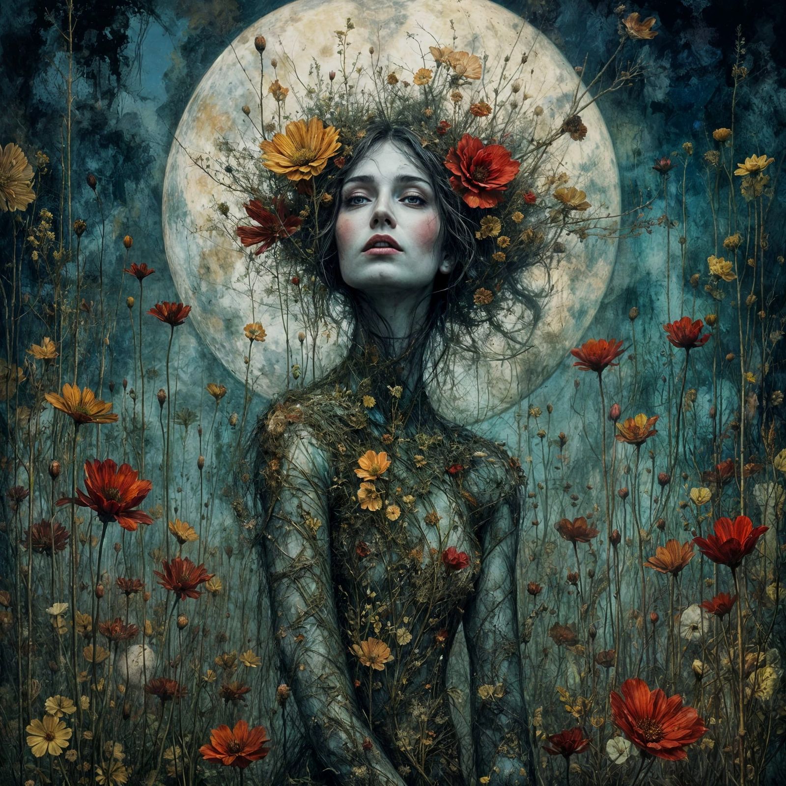 Mystical Plant Creature with Four Arms Under Full Moon